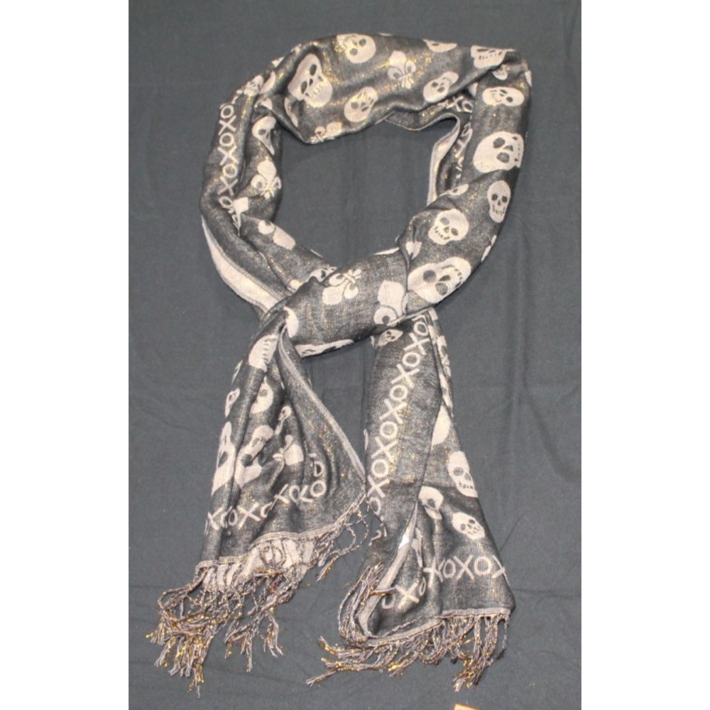 Black Gold Skull Knit Scarf Gothic Punk Fringe Wrap Fleur De Lis 80x27"